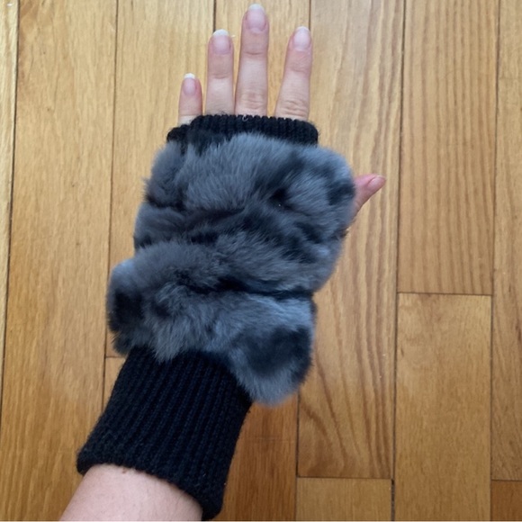 Jocelyn Real Fur Topped Fingerless Rib Knit Mittens - Picture 2 of 4